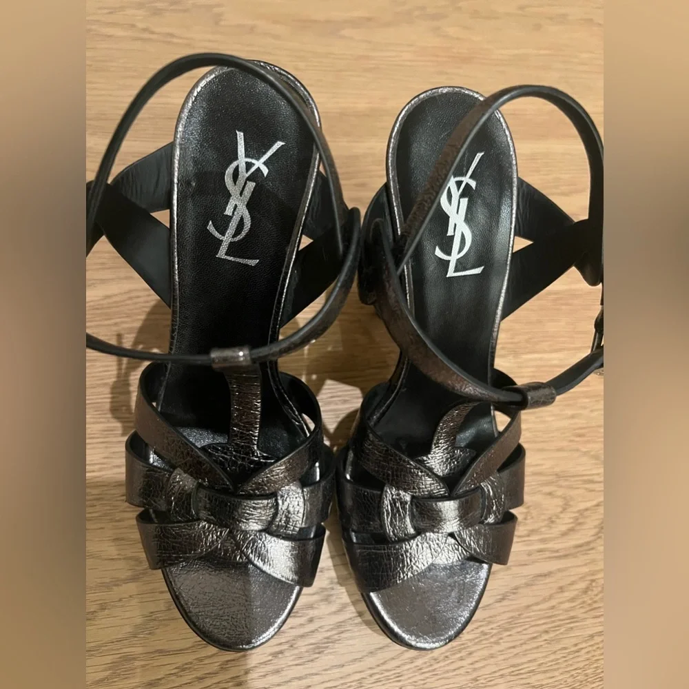 Saint Laurent YSL Metallic Tribute Platform 135mm Heels Sandals Gunmetal Grey 37 - Picture 3 of 6